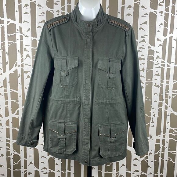 Democracy Olive Green Studded Lace Back Accent Cargo Jacket sz M - Picture 1 of 10
